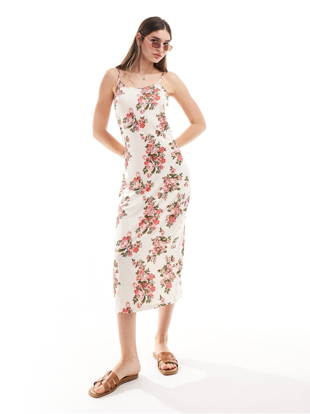Asos Vila light-colored midi dress with straps and pink floral knit print